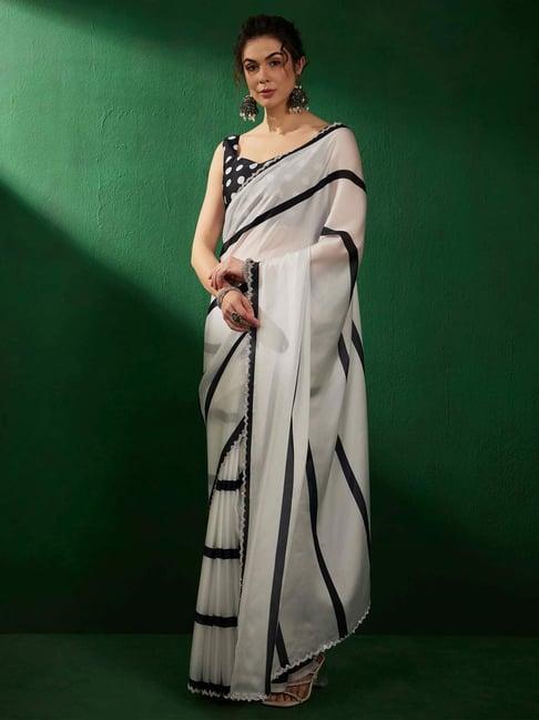 saree mall white silk striped saree with unstitched blouse
