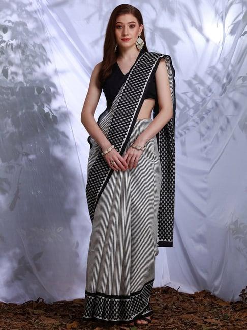 saree mall white striped saree with unstitched blouse