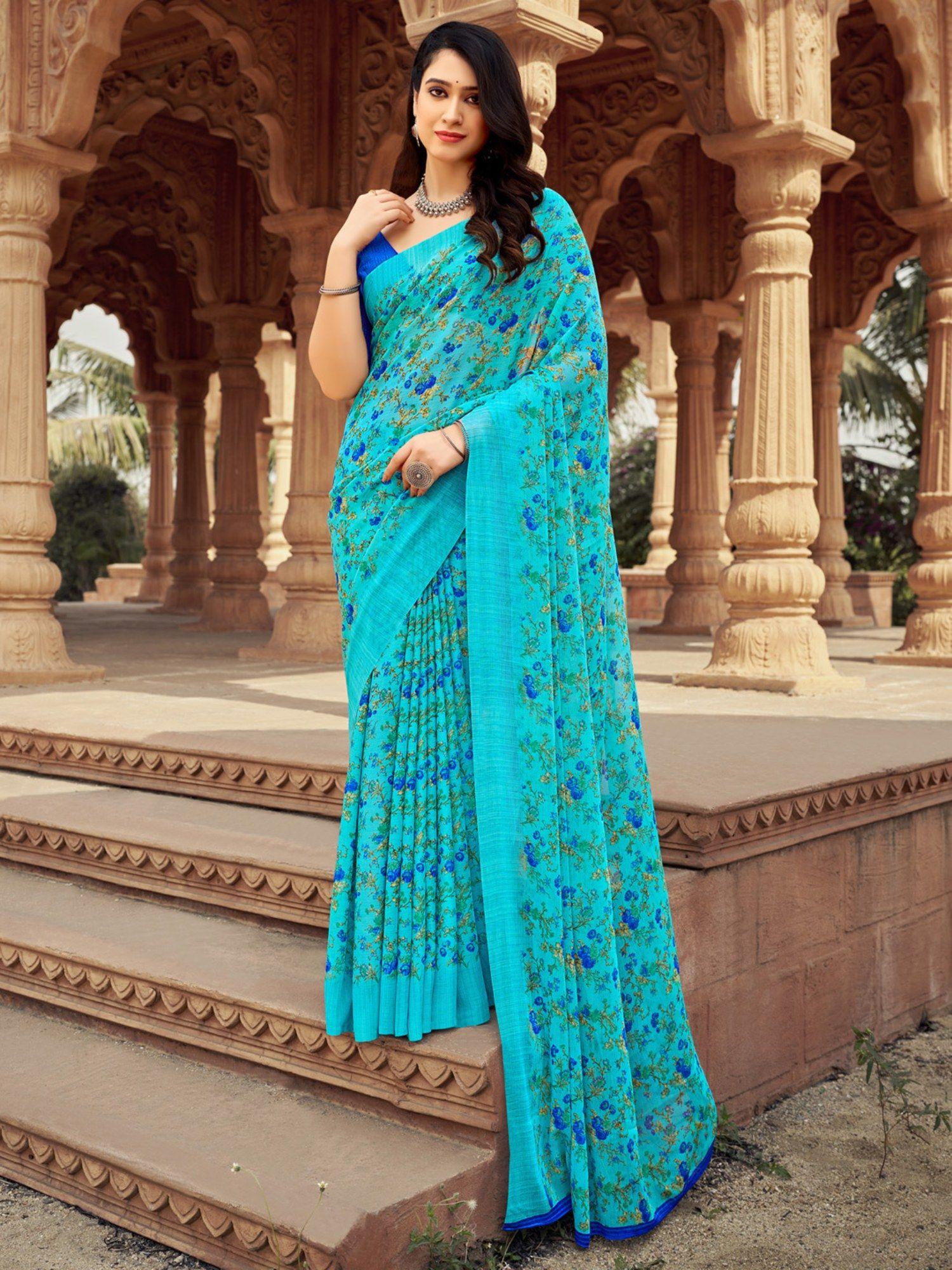 saree mall women's chiffon light blue floral designer saree with unstitched blouse