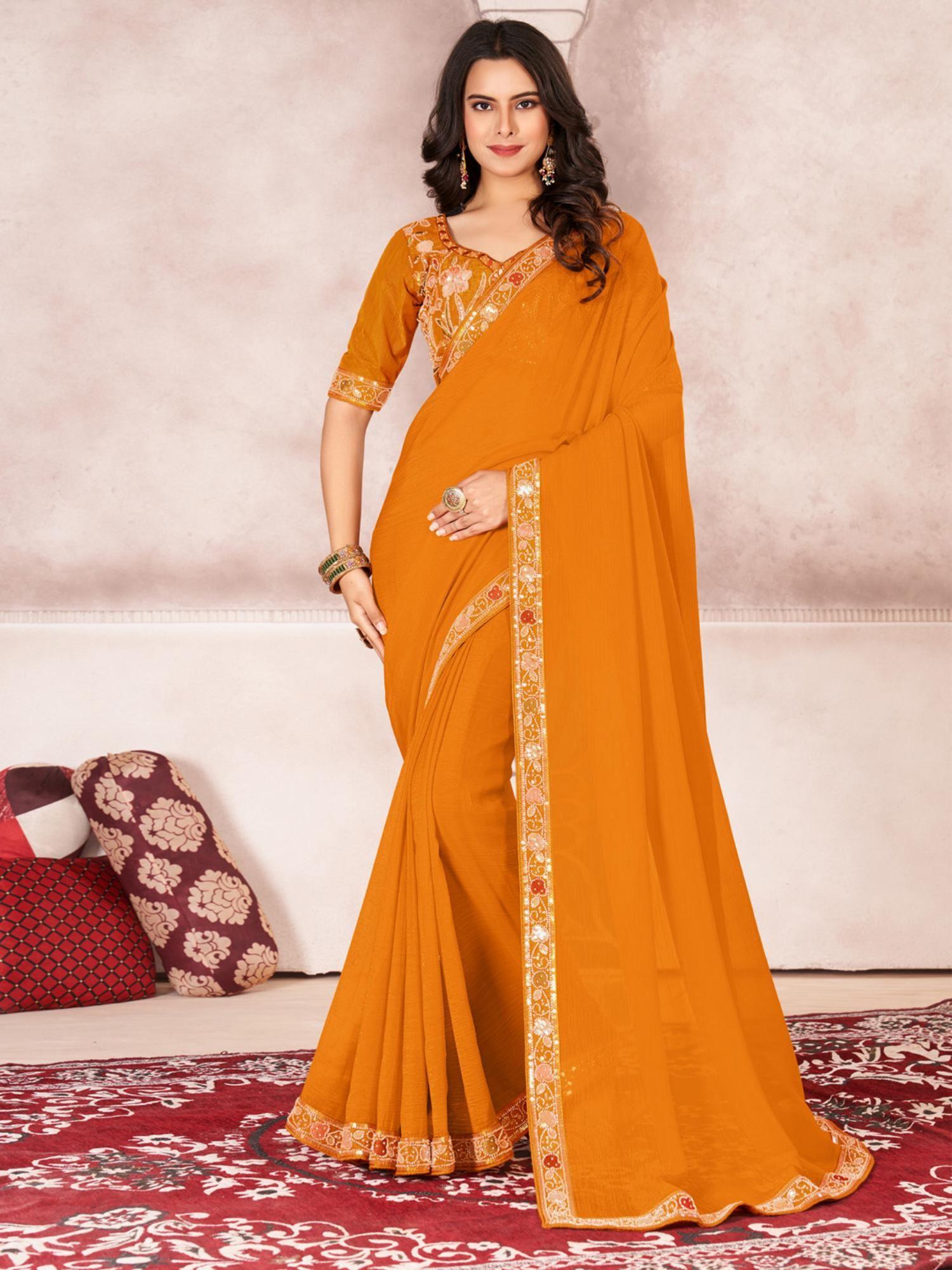 saree mall women's chiffon mustard embellished designer saree with unstitched blouse