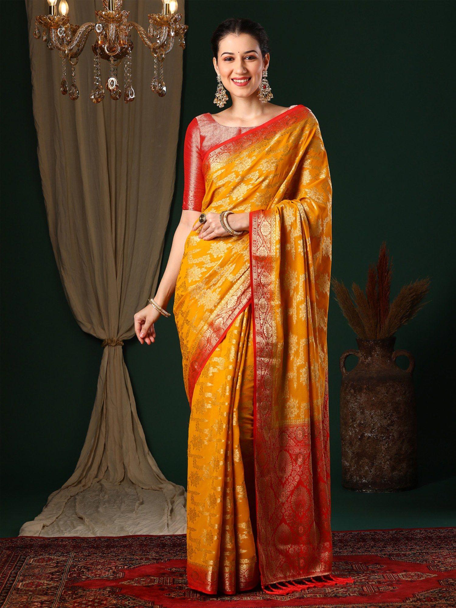 saree mall women's georgette yellow woven designer saree with unstitched blouse