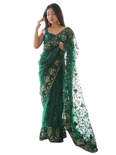 saree mall women's green net sequins embellished saree with unstitched blouse piece (aavya4604_hv)