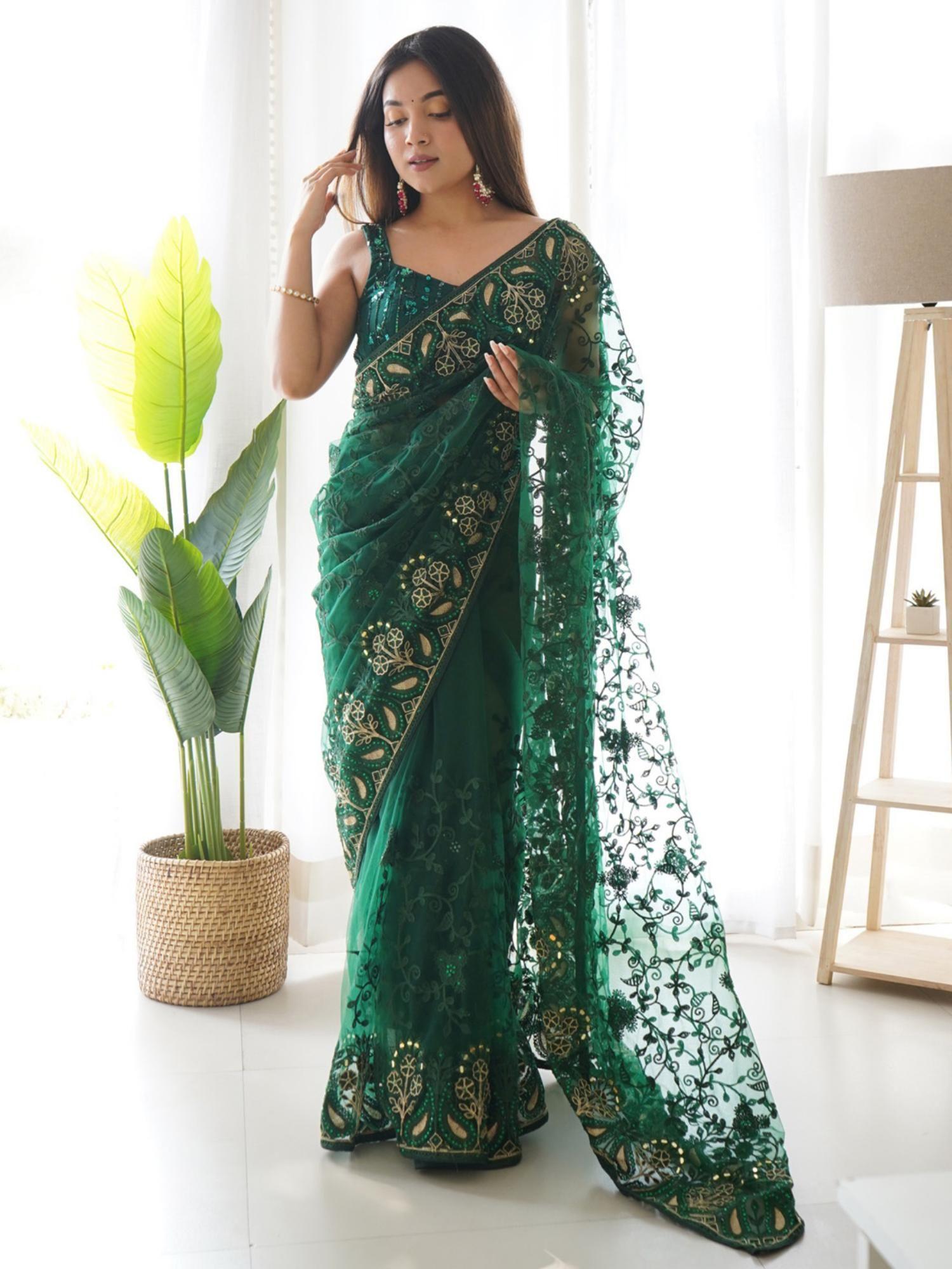 saree mall women's net green embellished designer saree with unstitched blouse