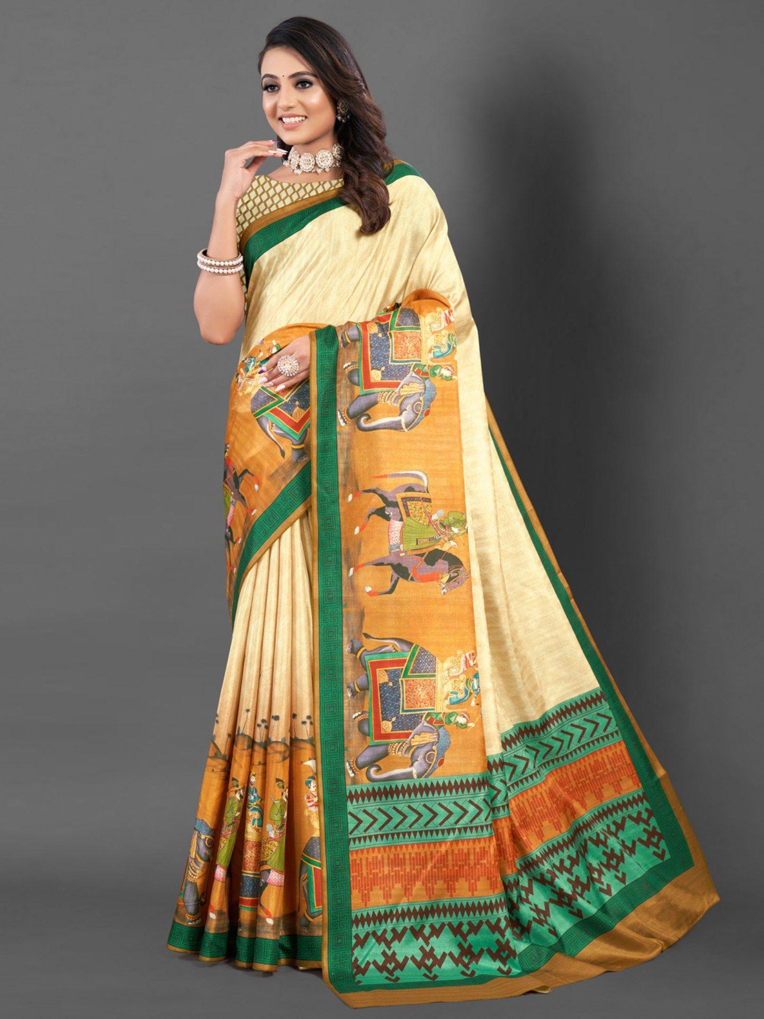 saree mall women's silk blend cream printed designer saree with unstitched blouse