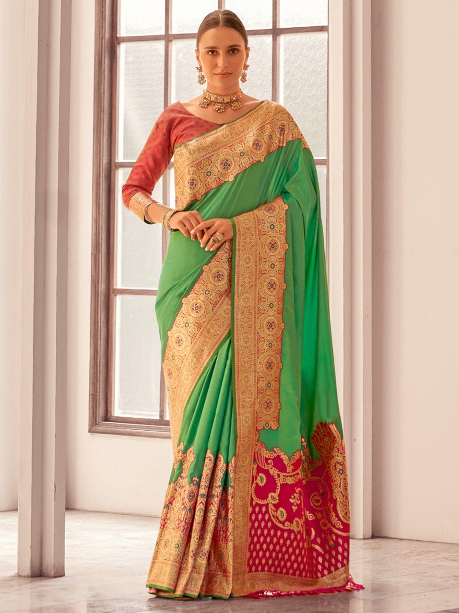 saree mall women's silk blend green woven designer saree with unstitched blouse