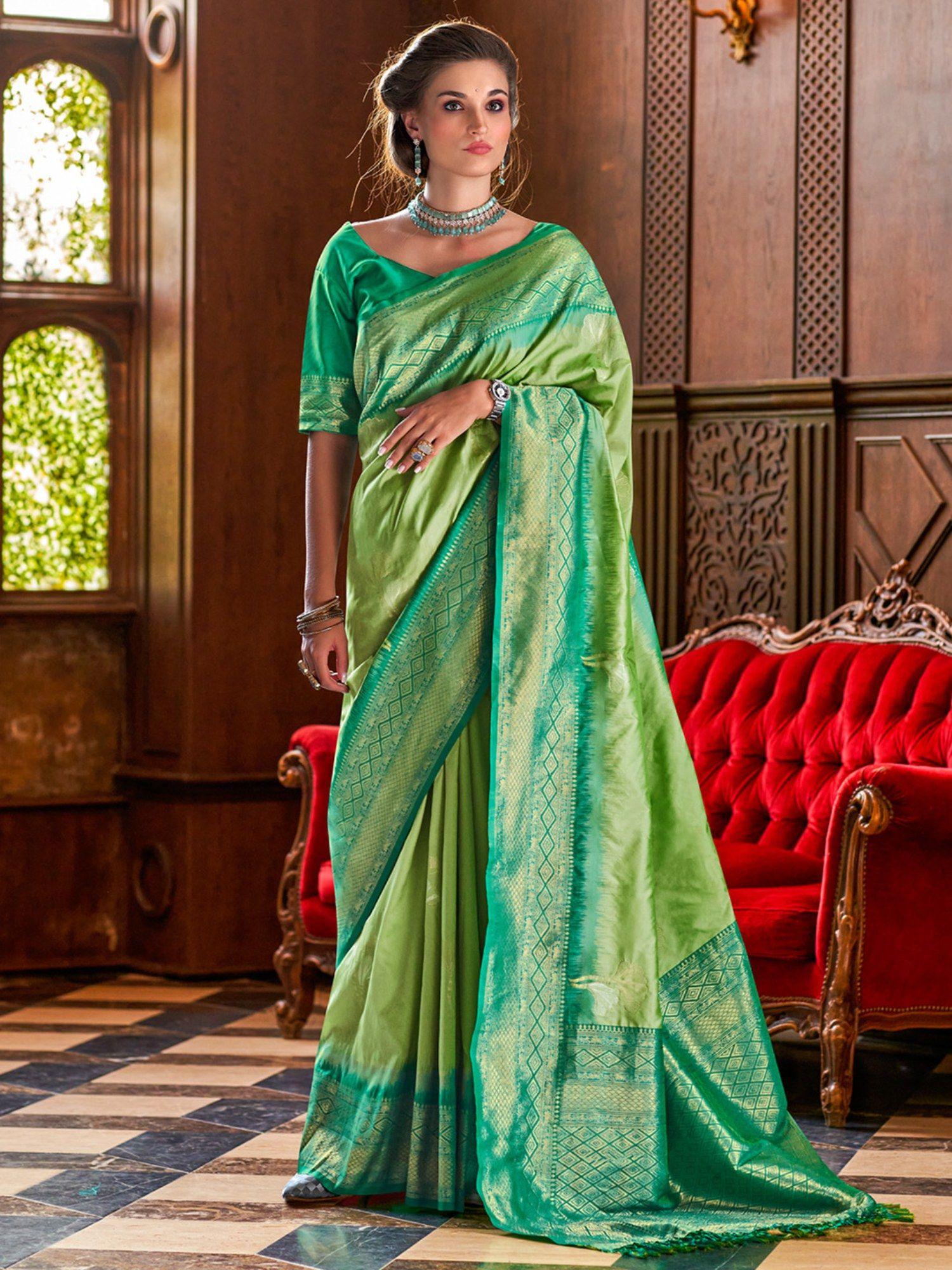 saree mall women's silk blend light green woven designer saree with unstitched blouse