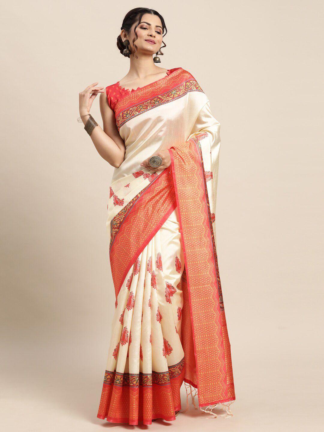 saree mall women off white & orange paisley silk blend sambalpuri saree