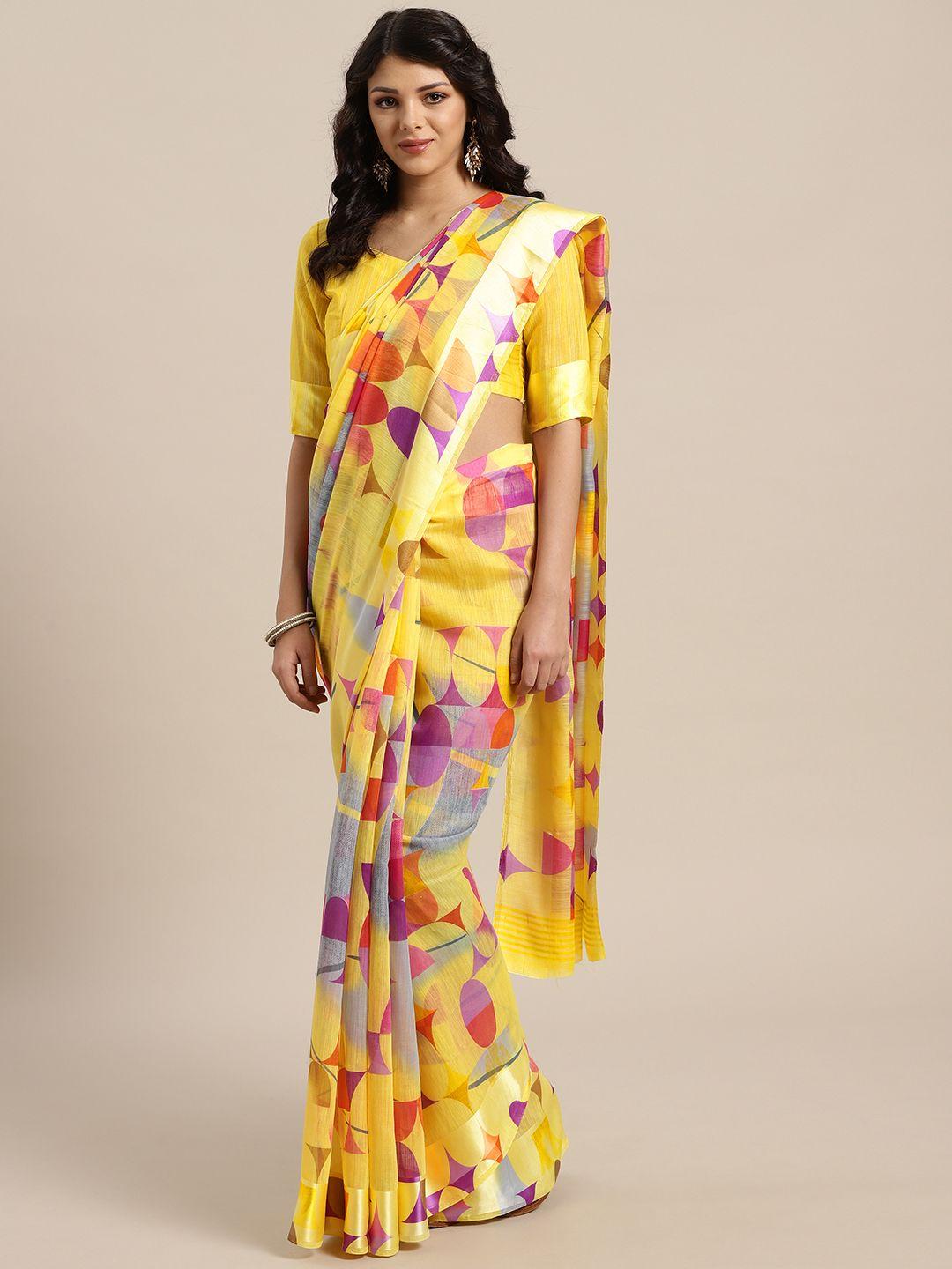 saree mall yellow & blue printed saree