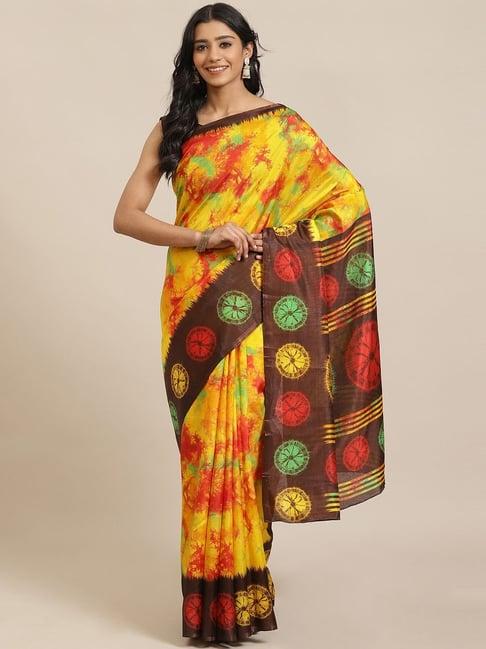 saree mall yellow & brown printed saree with unstitched blouse