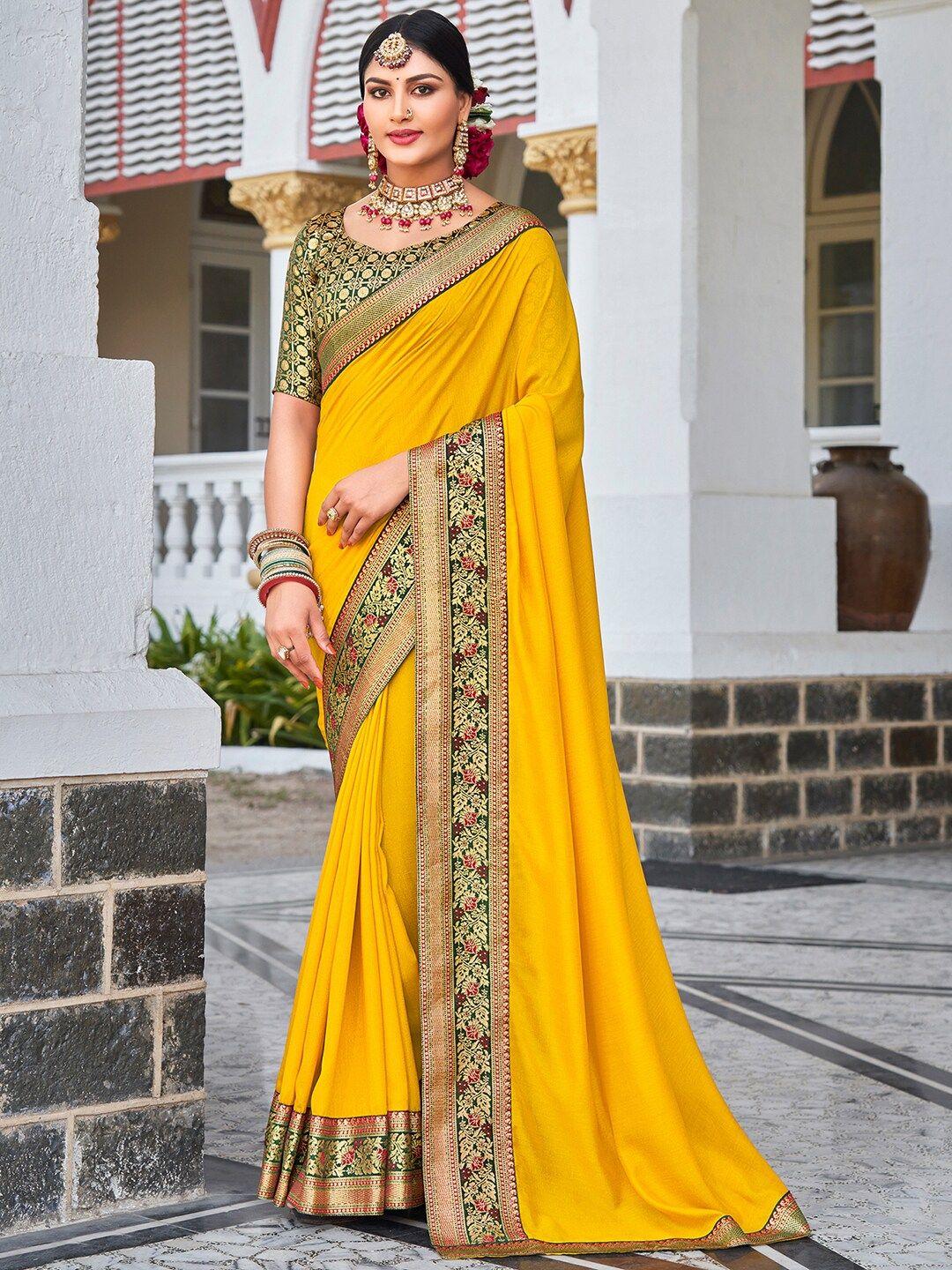 saree mall yellow & green zari silk blend sarees