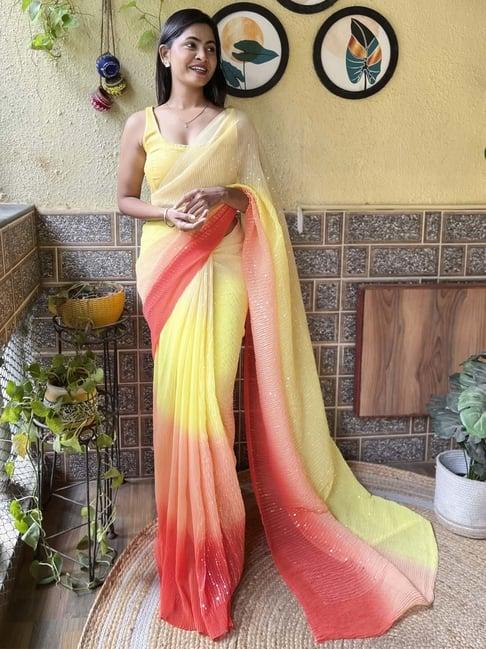 saree mall yellow & red embellished saree with unstitched blouse