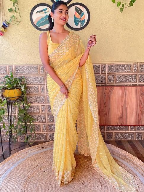 saree mall yellow embellished saree with unstitched blouse