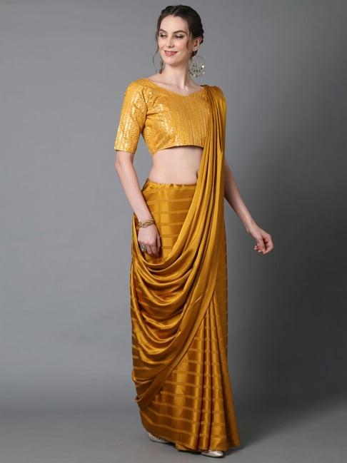 saree mall yellow striped saree with unstitched blouse