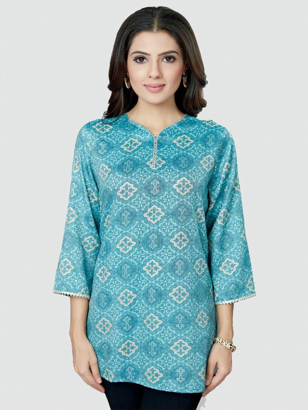 saree swarg blue & beige ethnic motifs printed v-neck kurti