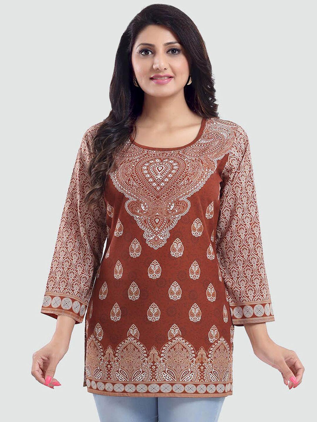 saree swarg brown & white ethnic motifs printed kurti