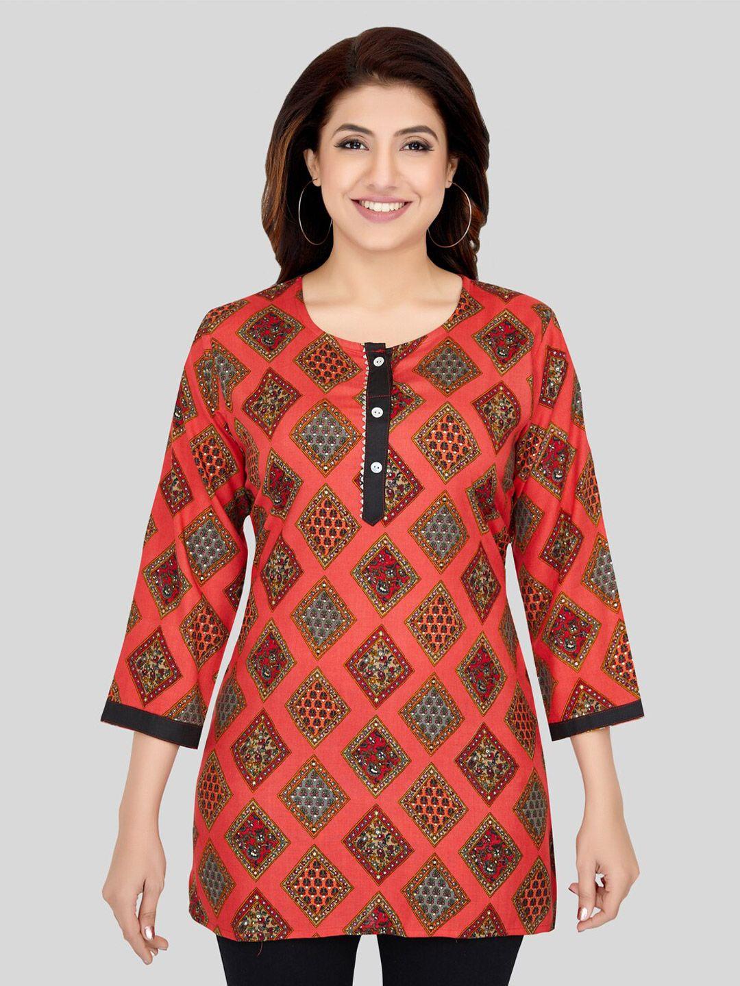 saree swarg coral & grey ethnic motifs printed kurti