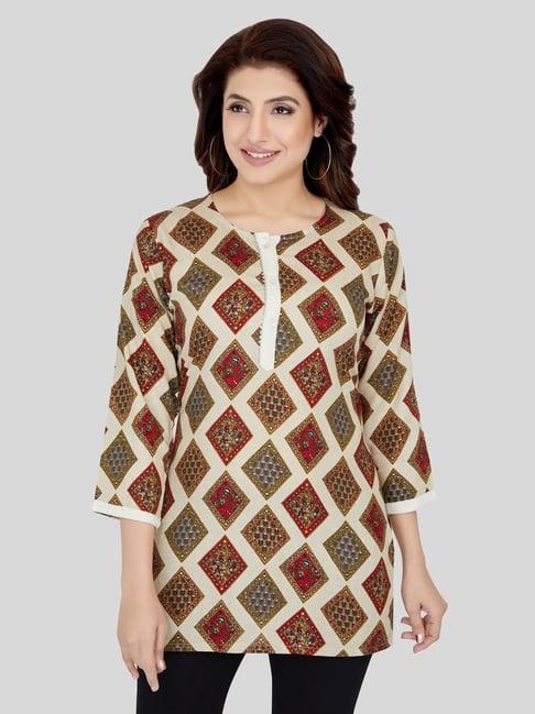 saree swarg cream chequered straight kurti