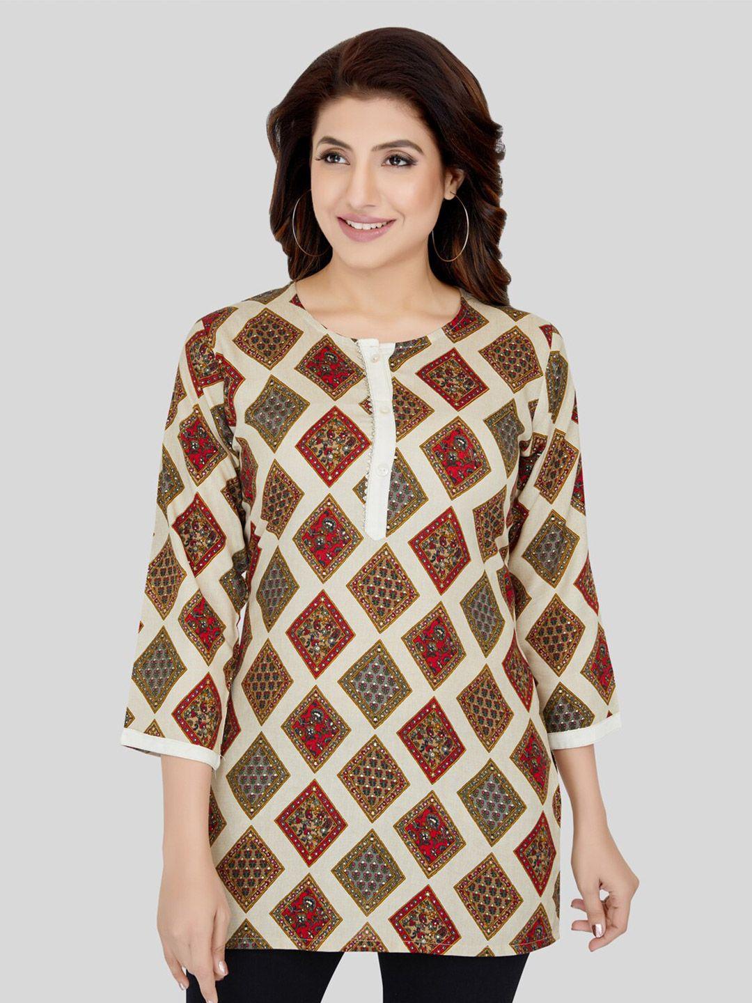 saree swarg cream-coloured & brown ethnic motifs printed kurti