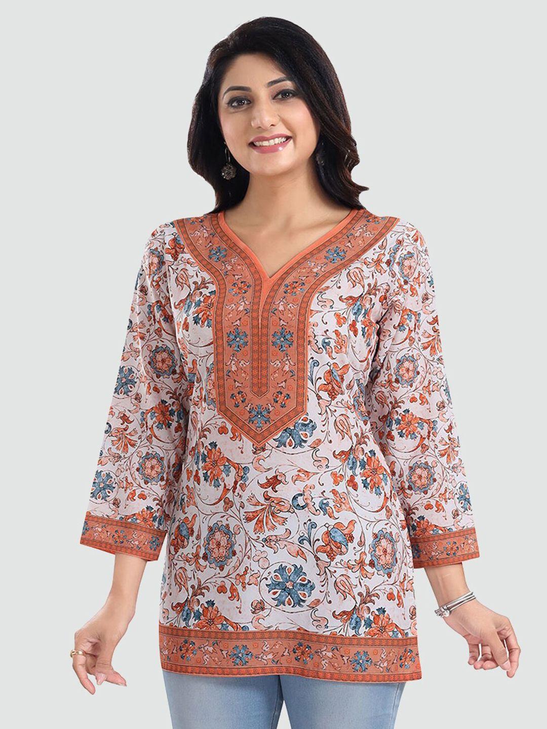 saree swarg cream-coloured & orange floral printed v-neck kurti