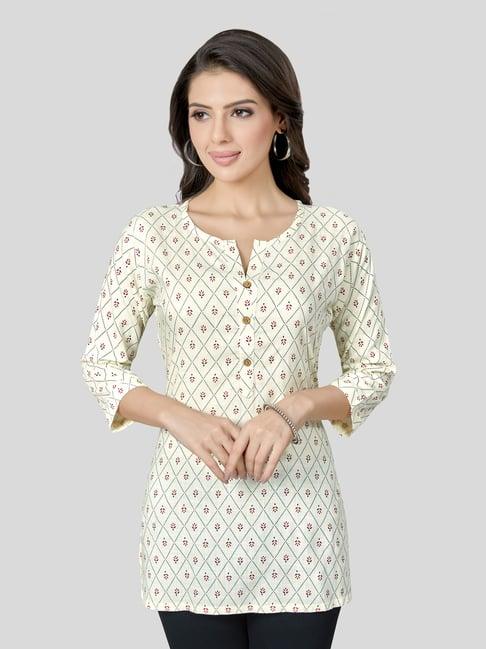 saree swarg cream printed a-line short kurti