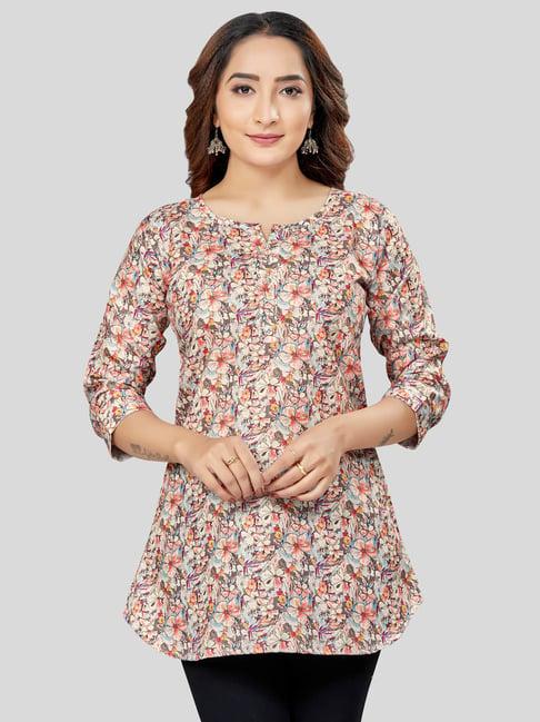 saree swarg cream printed a-line short kurti