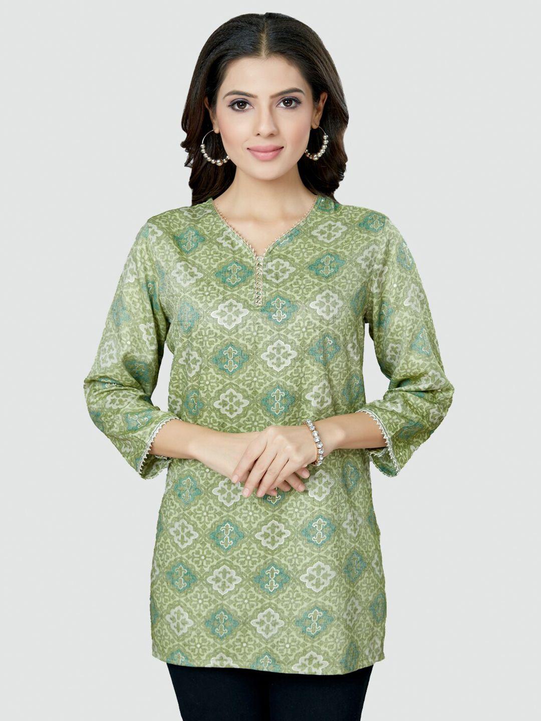 saree swarg green ethnic motifs embellished v-neck kurti