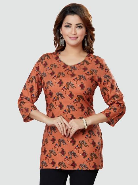 saree swarg orange floral print straight kurti