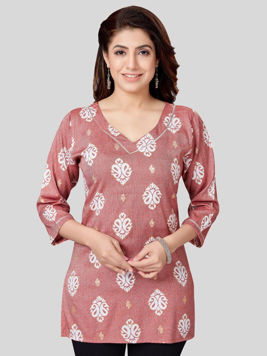 saree swarg pink & off white ethnic motifs printed v-neck kurti