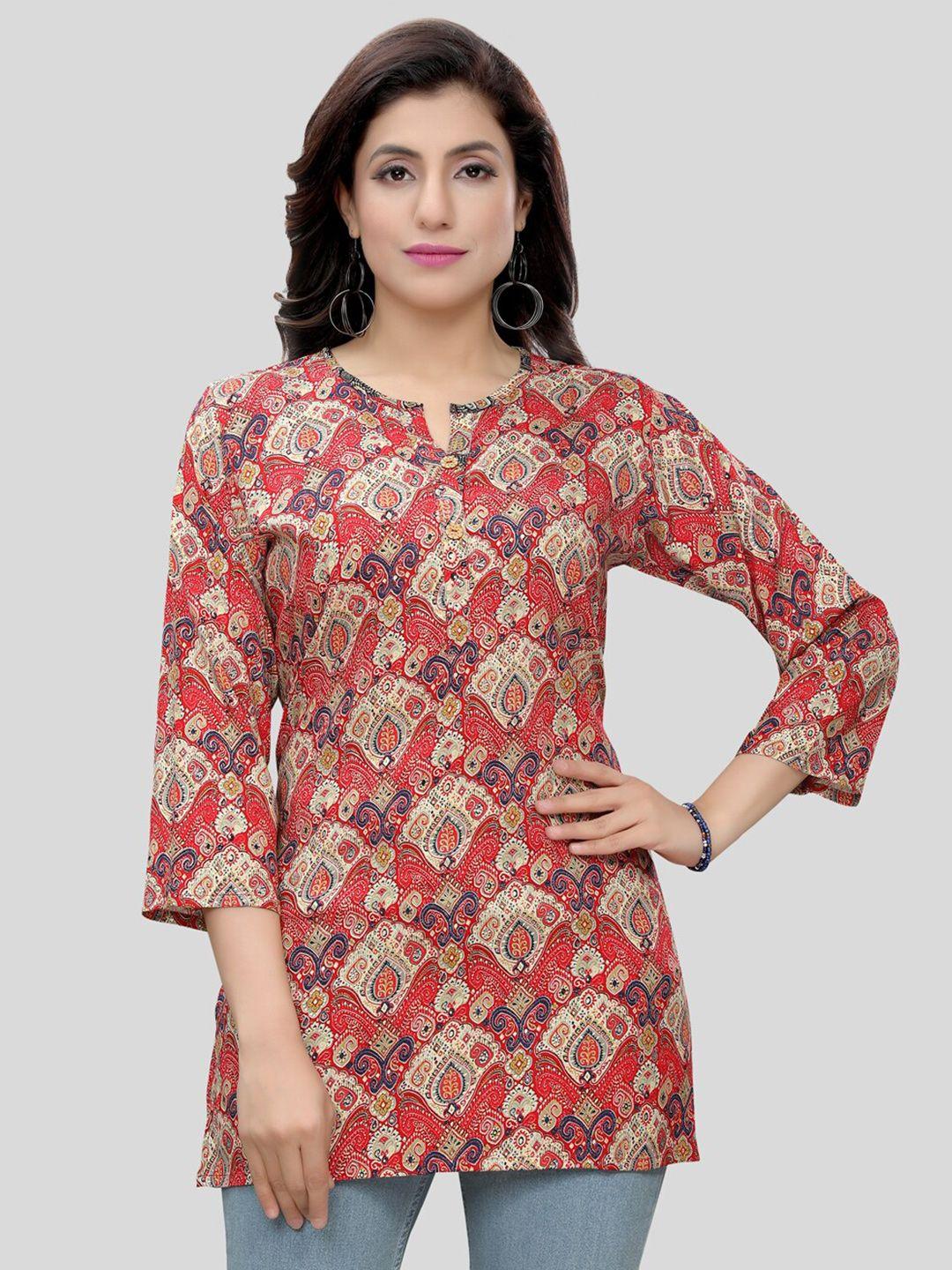 saree swarg red & beige ethnic motifs printed kurti