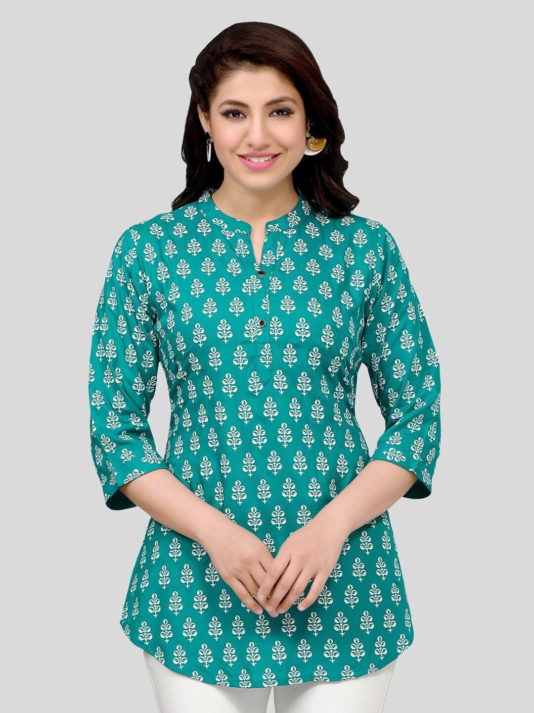 saree swarg sea green & white ethnic motifs printed kurti