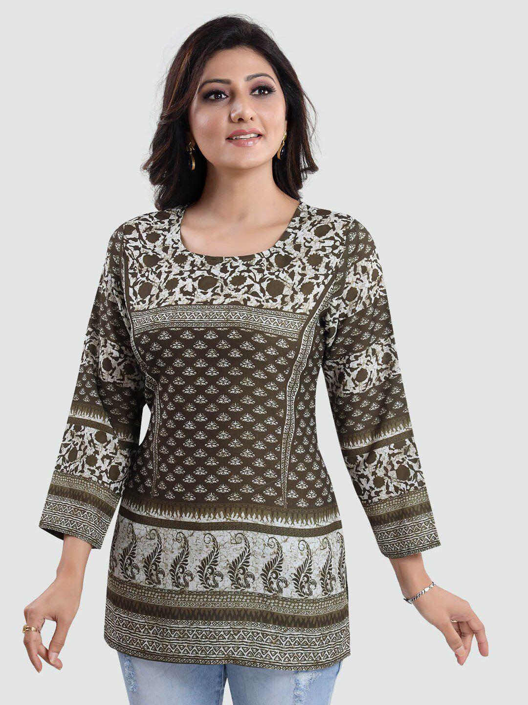 saree swarg women green & white ethnic motifs printed kurti