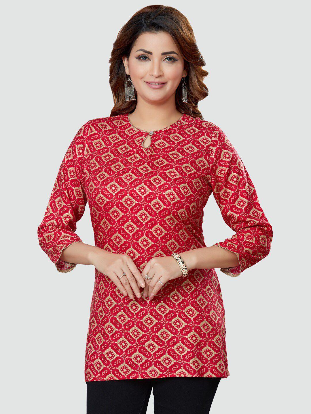 saree swarg women red & brown geometric printed kurti