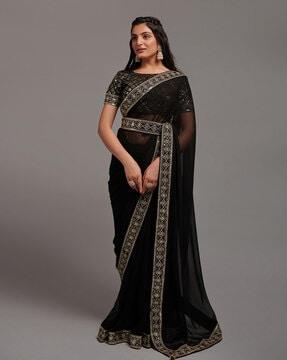 saree with contrast lace border & belt