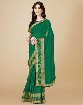 saree with contrast lace border & tassels