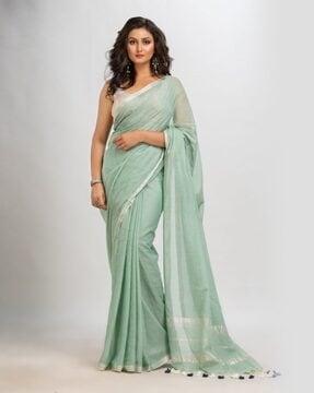 saree with contrast striped border & tassels