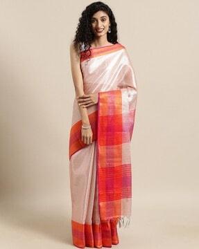 saree with contrast striped border & tassels