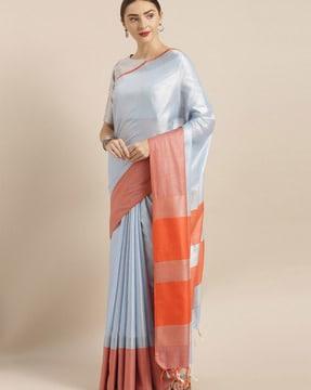 saree with contrast striped pallu & tassels