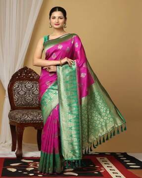 saree with floral woven motifs & contrast border