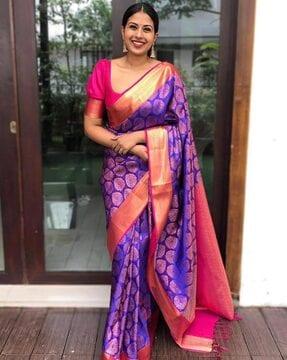saree with woven motifs & contrast border
