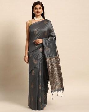 saree with woven motifs & tassels