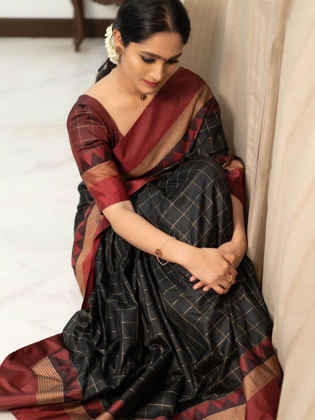 sareewave black & red checked art silk kota saree