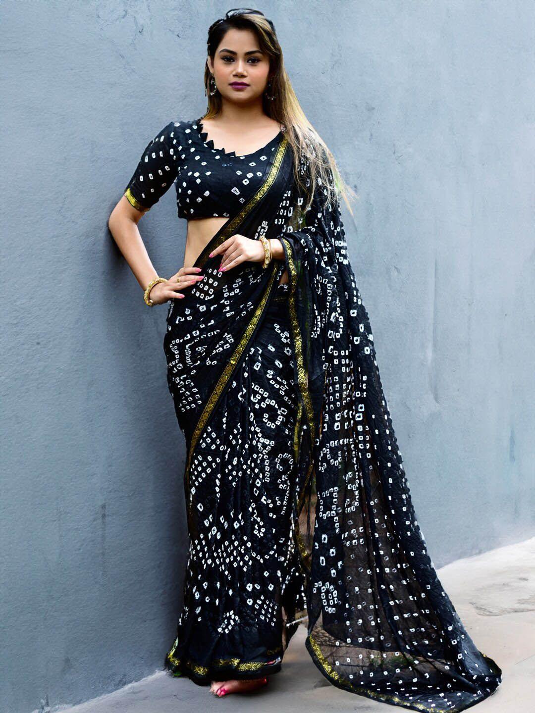 sareewave black & white bandhani zari art silk bandhani saree