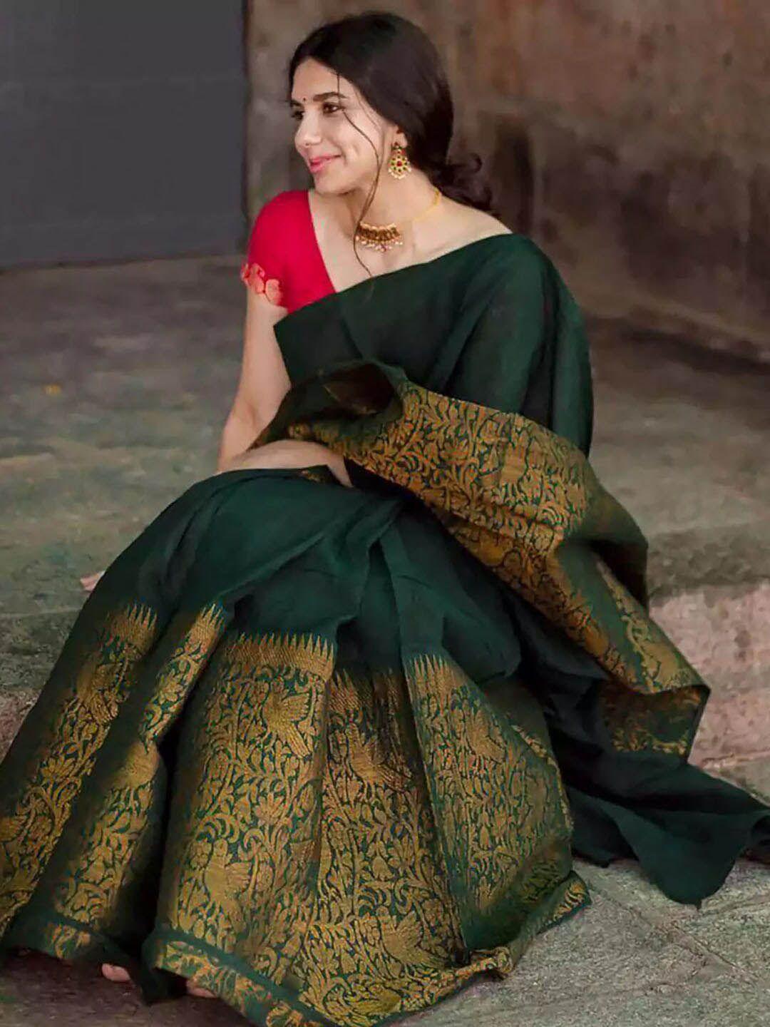 sareewave green & gold-toned woven design zari art silk kota saree