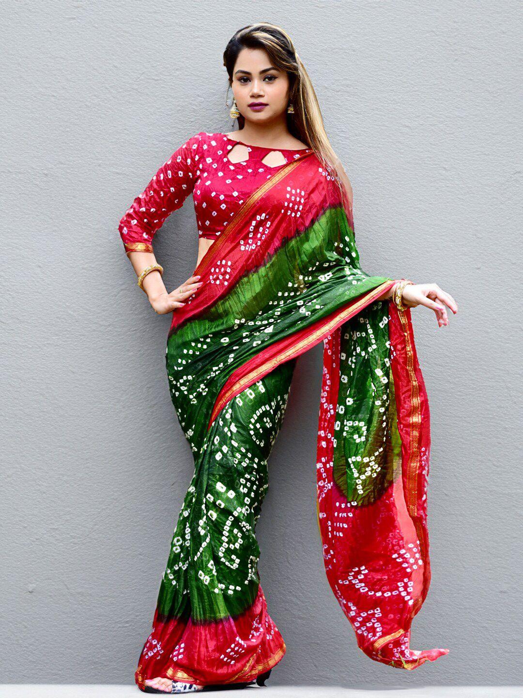 sareewave green & red bandhani zari art silk bandhani saree