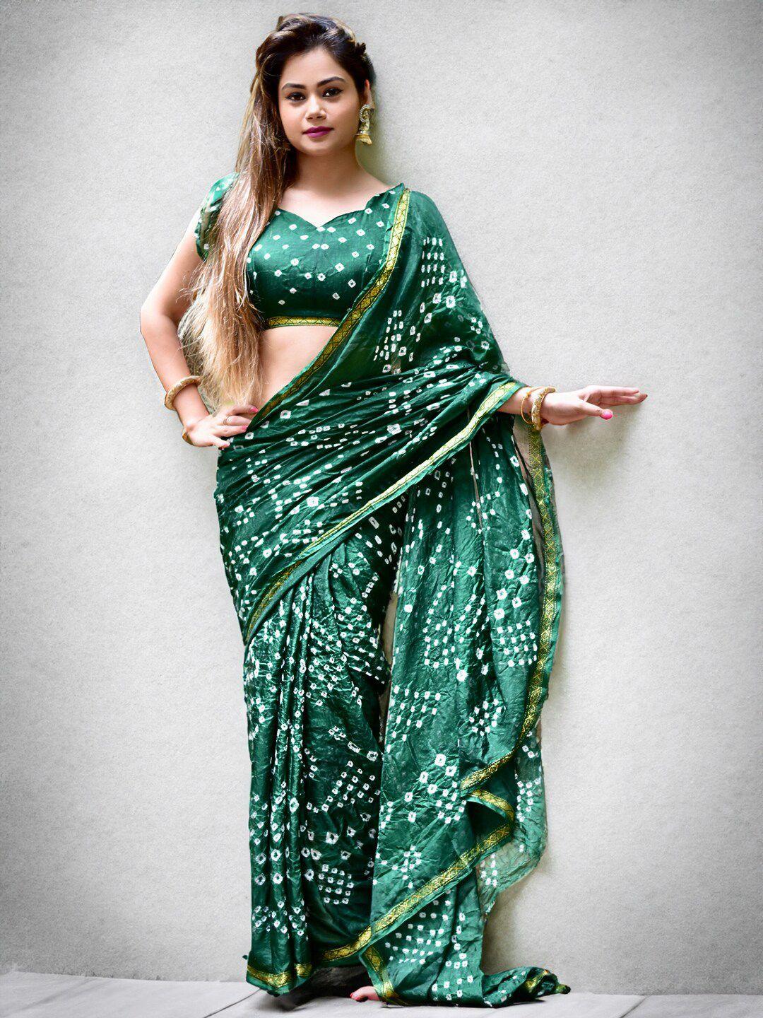 sareewave green & white bandhani art silk bandhani saree