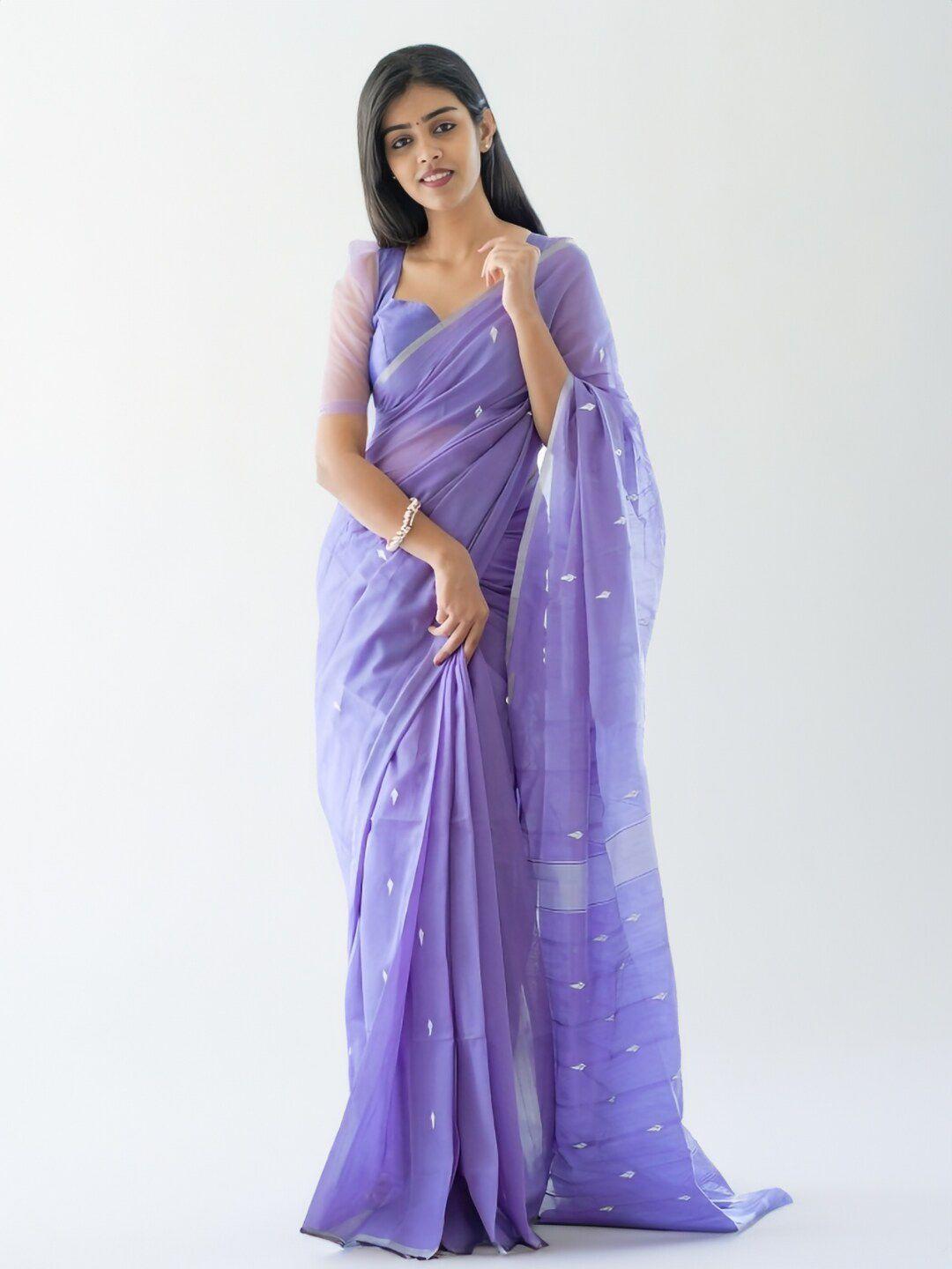 sareewave lavender & white floral poly georgette tussar saree