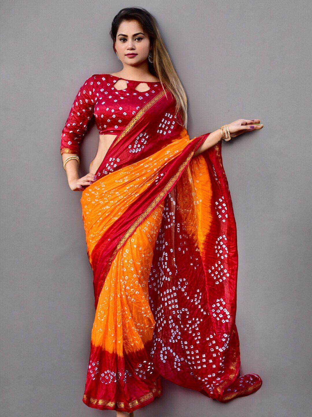 sareewave orange & red bandhani zari art silk bandhani saree