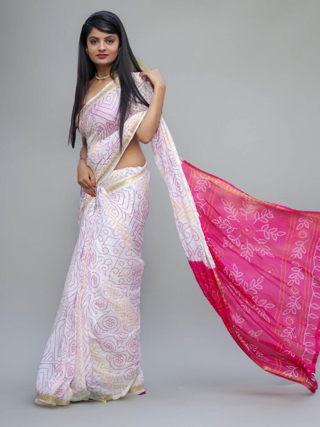 sareewave pink & white bandhani zari art silk bandhani saree