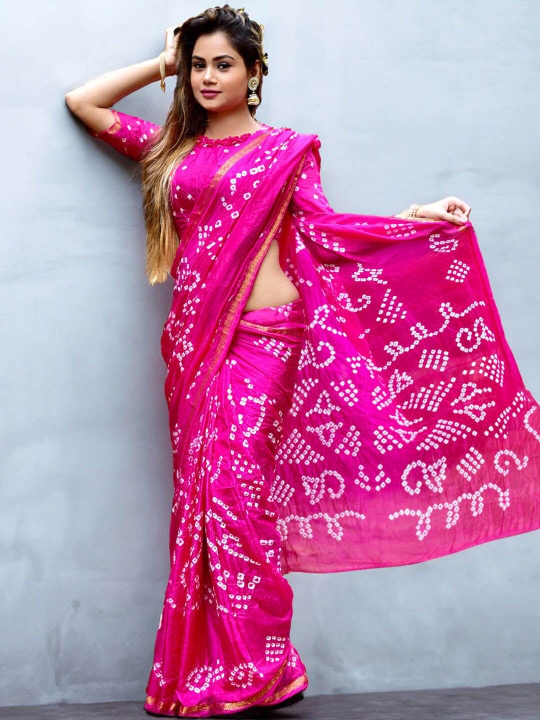 sareewave pink & white bandhani zari art silk bandhani saree