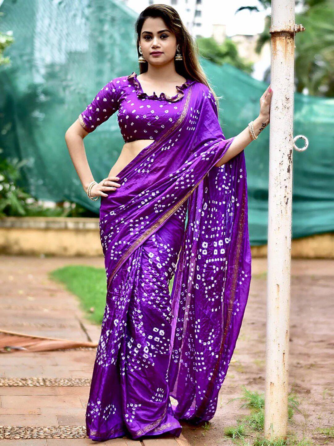 sareewave purple & white bandhani art silk bandhani saree